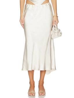 NIA - Beatrice Women's Satin Asymmetric Hem Midi Skirt Ivory