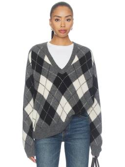 NILI LOTAN - Feron Argyle Women's Plunging Neck Lightweight Pullover Sweater Grey