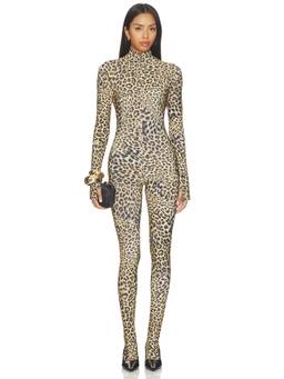 Norma Kamali - Slim Fit Women's Leopard Print Turtleneck Catsuit Jumpsuit Beige