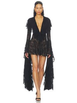 Norma Kamali - XL Sleeve Women's Deep V Ruffled Lace Mini Dress Black