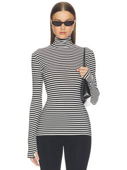 Norma Kamali - Slim Fit Women's Striped Turtle Neck Long Sleeve Top Black