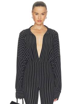Norma Kamali - Oversized Women's Striped Cut-Out Bodysuit Black