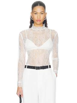 NONchalant Label - Lace Women's Sheer High Neck Full Sleeves Top White