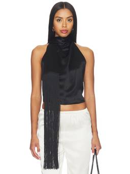 NONchalant Label - Women's Satin Halter Neck Fringe Crop Top Black
