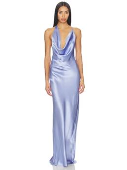 Natalie Rolt - Gabi Women's Plunging Neck Tie-Up Silk Gown Blue