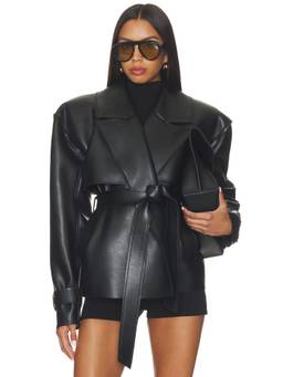 Naked Wardrobe - Faux Leather Women's Wrap Tie Trench Jacket Black