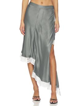 OperaSPORT - Satin Women's Lace Trim Asymmetrical Maxi Skirt Coral