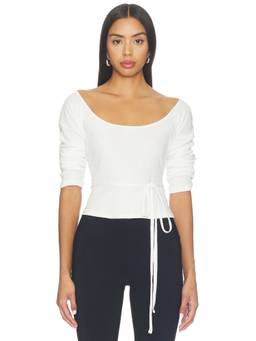 Orseund Iris - Decolletage Women's Ruched Sleeve Tie-Up Waist Top White