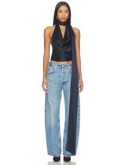 Orseund Iris - Women's Satin Silk Cowl Neck Halter Crop Top Navy Blue