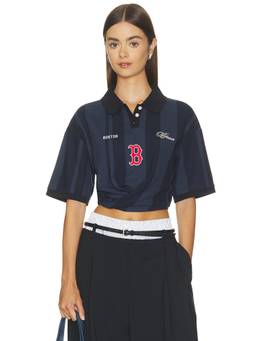 Off Season - Boston Red Sox Women's Embroidered Striped Rugby Tee Navy Blue