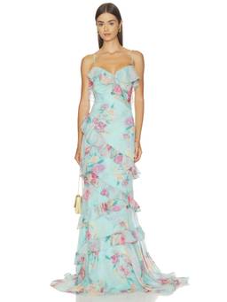 PatBO - Flora Mist Women's Floral Ruffled Tie-Back Maxi Dress Blue