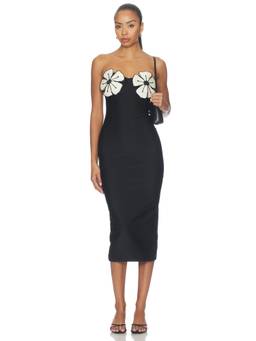 PatBO - Midnight Bloom Women Floral Applique Strapless Midi Dress Black