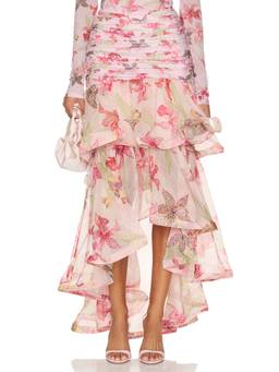 PatBO - Orchid Bloom Women's Floral Tiered Asymmetric Maxi Skirt Pink