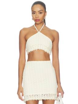 PatBO - Twilight Mesh Women's Pearl Embellished Halter Neck Crop Top White