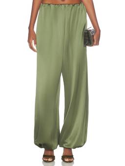 Paris Georgia - Olive Women's Satin Elastic Waist Wide-Leg Palazzo Pants Olive