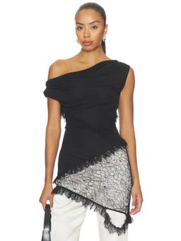 Paris Georgia - Women's One-Shoulder Lace Trim Asymmetric Hem Top Black