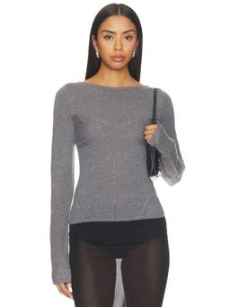 Paris Georgia - Amelia Pointelle Women's Semi-Sheer Boat Neck Knit Top Grey