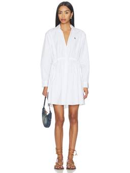 POLO RALPH LAUREN - Cotton Women's Long Sleeve Drawstring Waist Shirt Dress White