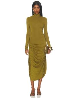 Proenza Schouler White Label - Draped Women's Ruched High Neck Midi Dress Olive