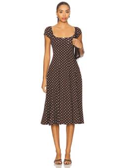 Rat Boi - Women's Polka Dot Scalloped Neck Midi Dress Brown
