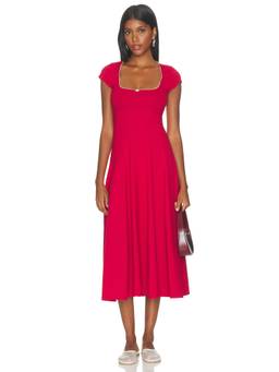Rat Boi - Cotton Jersey Women's Contrast Trim Square Neck Midi Dress Red