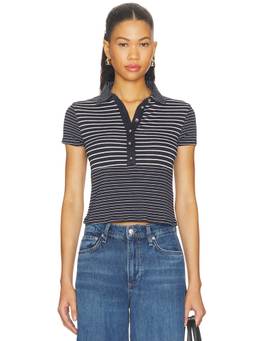 Rag & Bone - Knit Button Stripe Women's Polo Tee Navy Blue