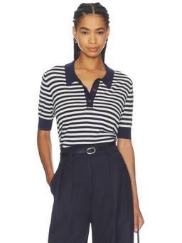 RENGGLI - Stripe Knit Women's Collared Polo Top Navy Blue