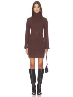 RIXO - Women's Turtleneck Gold Hardware Knit Mini Dress Brown