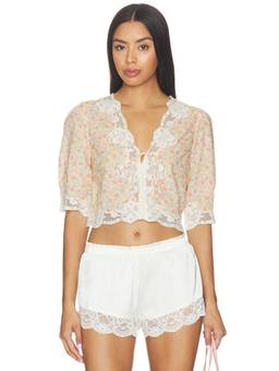 RIXO - Floral Lace Trim Women's Tie-Up Crop Top Multi-Color