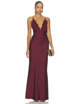 ROCOCO SAND - Lace Detail Women's Satin Lace Trim Maxi Dress Burgundy
