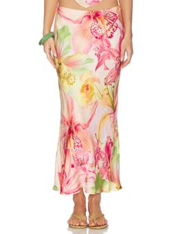 ROCOCO SAND - Satin Floral Print Women's Side Zip Midi Skirt Pink