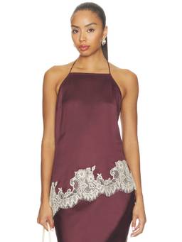 ROCOCO SAND - Lace Detail Women's Halter Neck Asymmetric Hem Top Burgundy