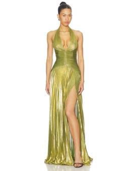 Retrofete - Metallic Plisse Women's Halter Neck Corset Maxi Dress Gold