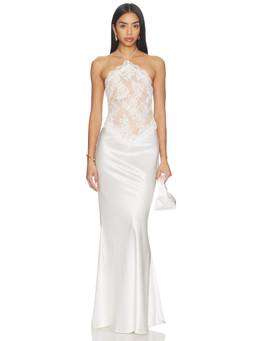 Retrofete - Costanza Women's Halter Neck Lace Satin Maxi Dress White