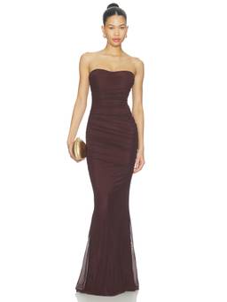 Retrofete - Isadore Women's Strapless Ruched Mesh Maxi Dress Brown