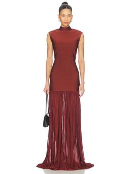 Retrofete - Zosima Women's Cut-Out Back Sheer Hem Maxi Dress Maroon