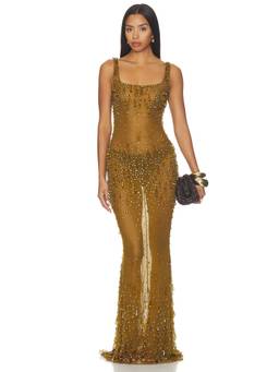 Retrofete - Zanie Women's Crystal Embellished Sheer Mesh Maxi Dress Gold
