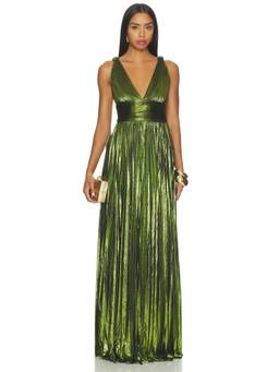 Retrofete - Metallic Pleated Women's V-Neck Cinched Waist Maxi Dress Green