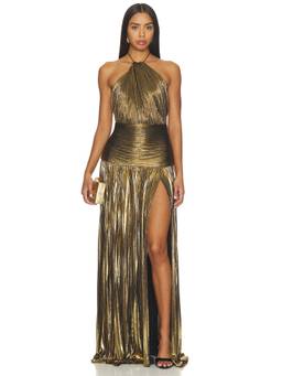 Retrofete - Metallic Pleated Women's Halter Neck Side Slit Maxi Dress Gold