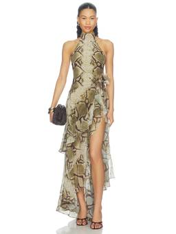 Retrofete - Chiffon Women's Ruffled Snakeskin Print Halter Neck Hi-Low Midi Dress Green