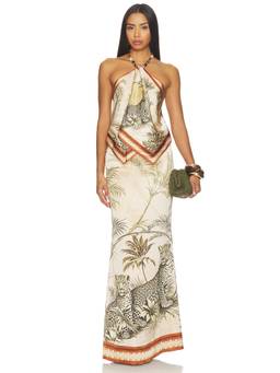 Retrofete - Women's Halter Neck Printed Satin Maxi Dress Beige