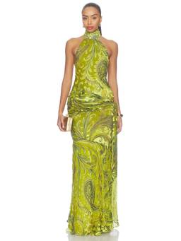 Retrofete - Protea Women's Ruched Halter Neck Maxi Dress Green