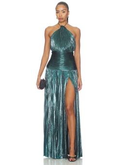 Retrofete - Metallic Women's Halter Neck Side Slit Maxi Dress Green