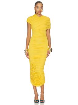 Ronny Kobo - Women's Ruched Ruffled Jersey Bodycon Midi Dress Yellow