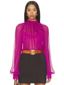 Ronny Kobo - Zenia Women's Sheer Tie-Up Neck Crepe Blouse Magenta