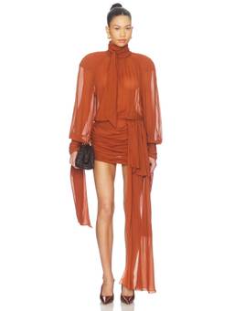 Rowen Rose - Bow Neck Women's Sheer Chiffon Ruched Mini Dress Orange