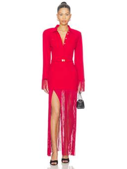 Rowen Rose - Long Sleeve Women's Tassel Fringe Polo Maxi Dress Red