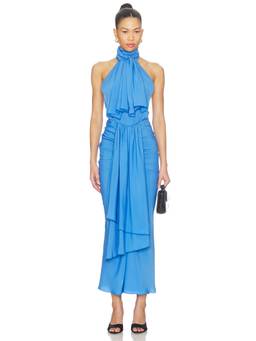 Rowen Rose - Bow Neck Women's Ruched Open Back Halter Maxi Dress Blue