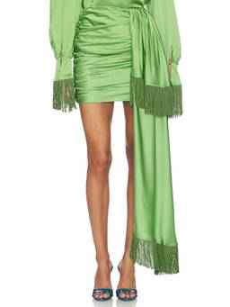 Rowen Rose - Fringe Drape Women's Ruched Satin Mini Skirt Green
