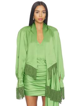 Rowen Rose - Long Sleeve Women's Fringe Scarf Detail Satin Top Green